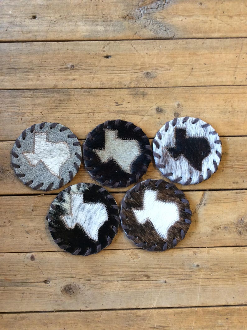 Texas coaster, cowhide coaster, Texas decor, home bar accessories, western home decor, Texas gifts for the home, man cave decor, unique gift zdjęcie 3