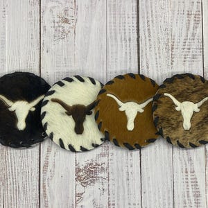 steer head cowhide coaster, bull horns decor, country western decor, home bar accessories, 3rd anniversary gift for him, 4H gifts, rustic