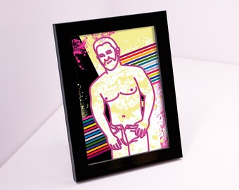 Framed LGBTQ hot gay erotic art. Homoerotic male nudity wall art drawing