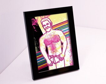 Framed hairy sexy gay artwork. LGBTQ pride erotic male nudity wall art print