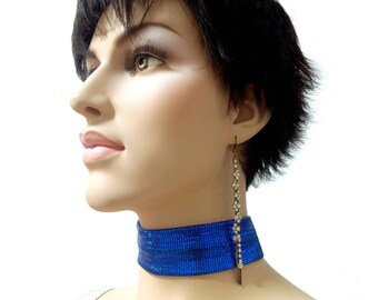 Blue fashion choker collar prom necklace, Wide fabric patterned neck choker, Elegant chic necklace, Drag queen stylish jewelry accessories