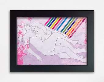 Lesbian couple in love framed artwork. LGBTQ nude female erotic wall art