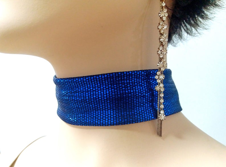 Blue fashion choker collar prom necklace, Wide fabric patterned neck choker, Elegant chic necklace, Drag queen stylish jewelry accessories image 7