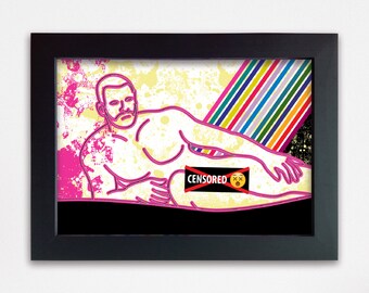 LGBTQ sexy gay bear erotic fine art. Framed male nudity drawing wall art print