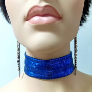 Blue fashion choker collar prom necklace, Wide fabric patterned neck choker, Elegant chic necklace, Drag queen stylish jewelry accessories image 2