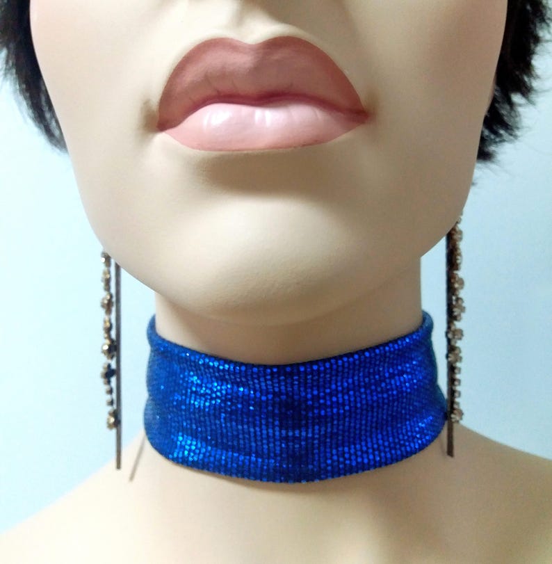 Blue fashion choker collar prom necklace, Wide fabric patterned neck choker, Elegant chic necklace, Drag queen stylish jewelry accessories image 2