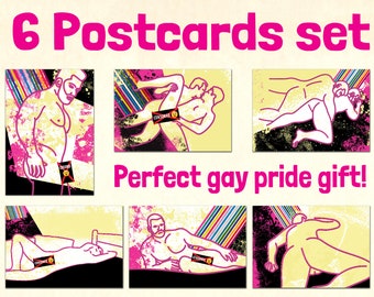 Postales del orgullo gay. Conjunto de 6 hombres desnudos maduros