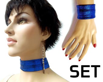 Blue fashion neck choker collar necklace and bracelet set LGBT gay drag queen show gift outfit costumes jewelry accessories prom necklace