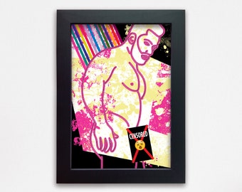 LGBTQ framed gay bear erotic art. Male nudity drawing of sexy hot naked gay man