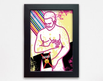 Sexy gay bear framed artwork. LGBTQ naked man homosexual wall art