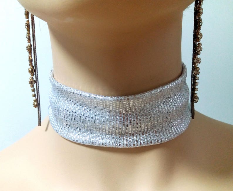Silver fashion choker collar prom necklace, Wide fabric patterned neck choker, Elegant chic necklace, Drag queen stylish jewelry accessories image 2
