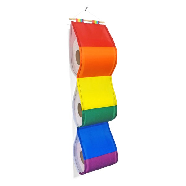 LGBTQ pride flag toilet paper holder. Housewarming gift for gay, lesbian, trans, bi or queer