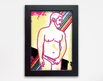 LGBTQ framed gay erotic art. Male nudity drawing of sexy hot gay