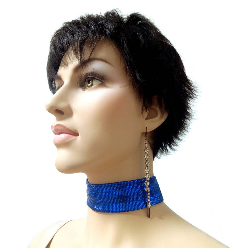 Blue fashion choker collar prom necklace, Wide fabric patterned neck choker, Elegant chic necklace, Drag queen stylish jewelry accessories image 1