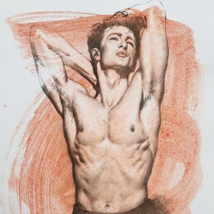 Disegno originale a carboncino, schizzo a matita su carta per acquerello, uomini, opera d'arte gay, modello maschile, uomo nudo, arte Hongtao