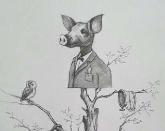 Original artwork Pencil animal artwork,Mr. pig  clock,owl bird on the tree