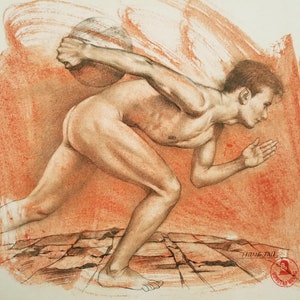 Opera d'arte originale disegno a carboncino, schizzo a matita su carta per acquerello, uomini, uomo nudo, atleta, sportivo, lanciatore del disco, arte Hongtao