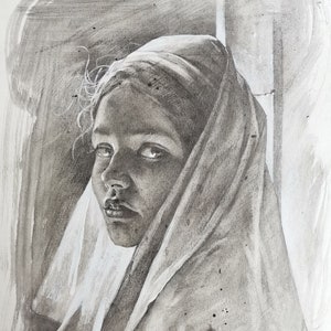 Opera d'arte originale Opera d'arte con disegno a matita, ritratto di ragazza Schizzo in grafite su carta, donna, signora, arte murale con tecnica mista, A4