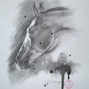 Original artwork Pencil animal drawing,fine art charcoal sketch on paper,black and whiter art,Graphite Drawings,Illustrations horse
