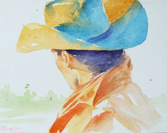 original art,watercolor painting,cowboy,people,portrait man,