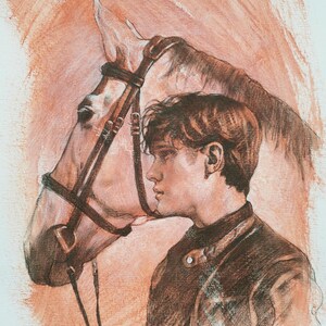Opere d'arte originali disegno a carboncino, schizzo a matita in grafite su carta da acquerello, ritratto, giovane uomo, cavaliere, cavalieri, pittura tecnica mista, cavallo