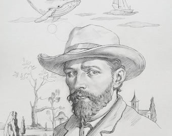 Original Pencil Drawing,Portrait van gogh,sketch on paper,Hongtao art