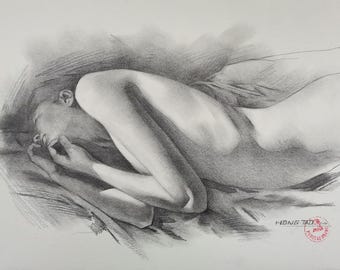 Original artwork,Charcoal,Nude Drawing,Pencil Art,Female Figure,on paper,