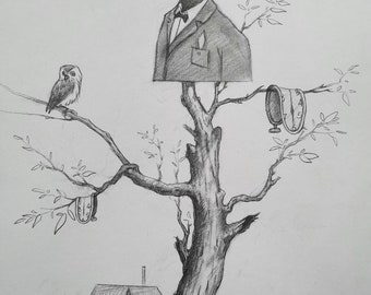 Originalkunstwerk Bleistift-Tierkunstwerk,Mr. Schweineuhr, Eulenvogel auf dem Baum