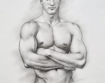 Original artwork pencil drawing,charcoal Graphite sketch,male nude,naked man,human body,Illustrations