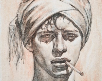 Original artwork pencil charcoal drawing ,young portrait man on paper