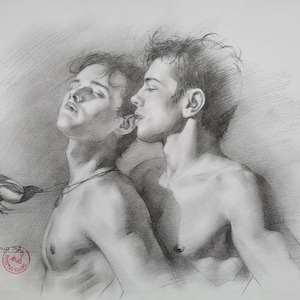 Disegno originale a carboncino, schizzo a matita su carta, modello maschile, amicizia, arte gay, ritratti maschili, arte Hongtao, arte in bianco e nero