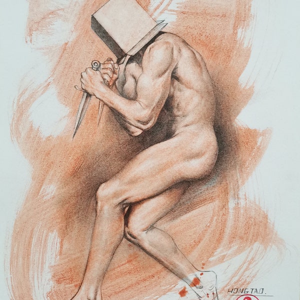 Original artwork pencil drawing,charcoal sketch,male model,man nude, people,on paper