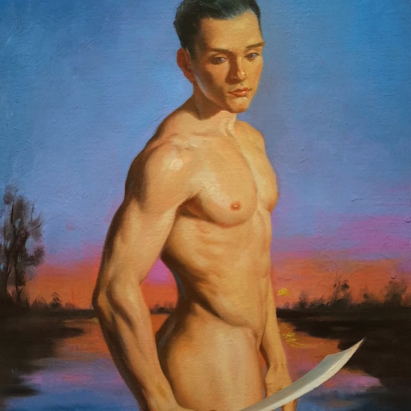 Original artwork oil painting male nude on canvas panel, classic fine art naked man,sword
