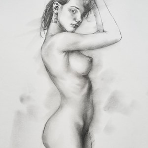 Original artwork Pencil drawing female nude,naked woman sketch on paper,charcoal wall art,black and white art