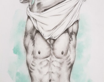 Obra de arte original, pintura de acuarela, desnudo masculino, sobre papel, arte de Hongtao,