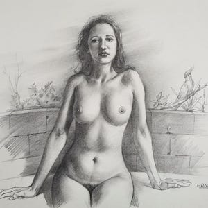 Opera d'arte originale, disegno a carboncino, schizzo a matita su carta, modello femminile, arte Hongtao, arte in bianco e nero, uccelli
