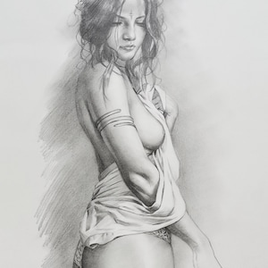 Original artwork pencil drawing,charcoal Graphite sketch,Female nude,naked woman,human body,nude girl,Illustrations