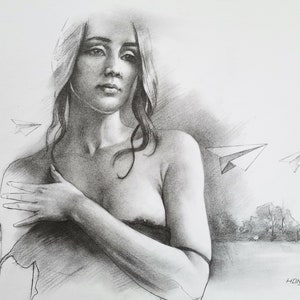 Original artwork pencil drawing,charcoal Graphite sketch on paper, Female nude,portrait of lady,sexy woman outdoor,Illustrations,Paper plane