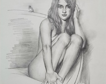 Original Pencil Drawing,Female Nude,Bird,Graphite Sketch,naked woman,on paper,illustration