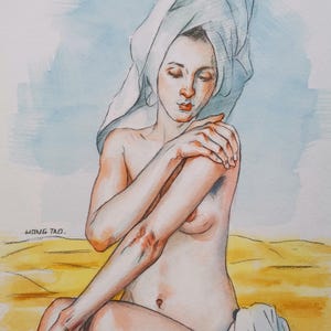 Original Kunstwerk Aquarell Malerei, Feine Kunstwerke auf Papier, Weiblicher Akt, sexy Frau, nacktes Mädchen, Badende Frau, Hongtao Kunst