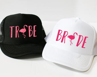 Bride and Tribe Flamingo Hats - Flamingo Trucker or Baseball Hats - Bridal Party Hats - Bach Bash Flamingo - Bachelorette Party Favors