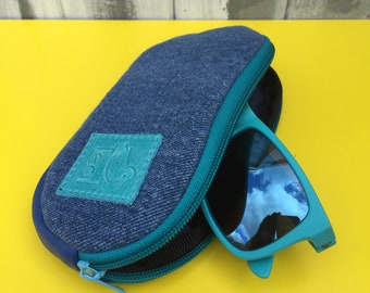 Recrafted denim and leather padded glasses case