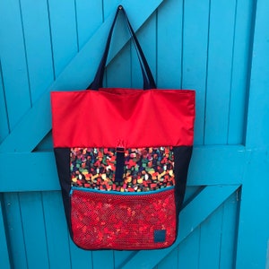 Tote/ Backpack, Beach/ Festival Bag Red and paint dabs image 1