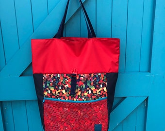 Tote/ Backpack, Beach/ Festival Bag Red and paint dabs