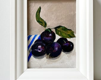 Freshly picked plums, original acrylic painting on board, framed