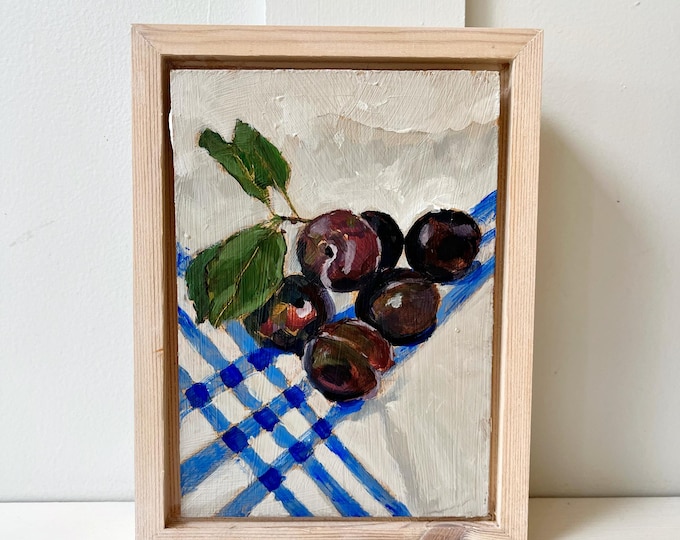 Freshly picked plums, original framed painting