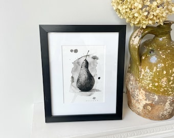 Charcoal pear. Watercolour and charcoal on watercolour paper, framed