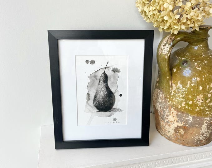 Charcoal pear. Watercolour and charcoal on watercolour paper, framed