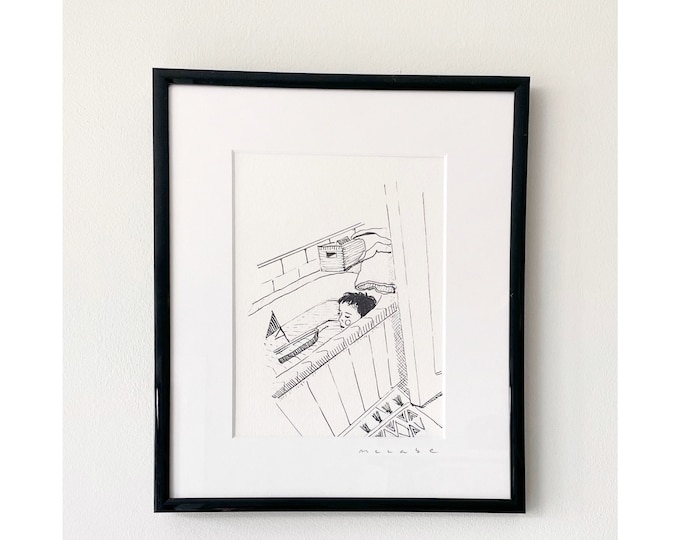 A boy and his boat (2023) ink on paper, framed.