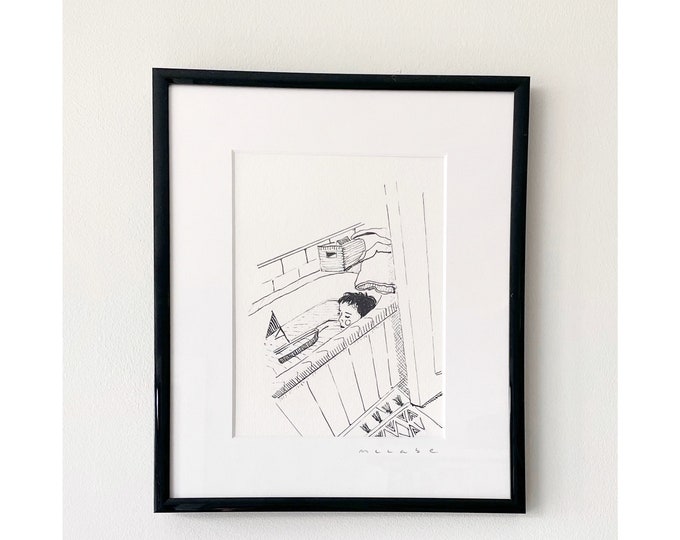 A boy and his boat (2023) ink on paper, framed.